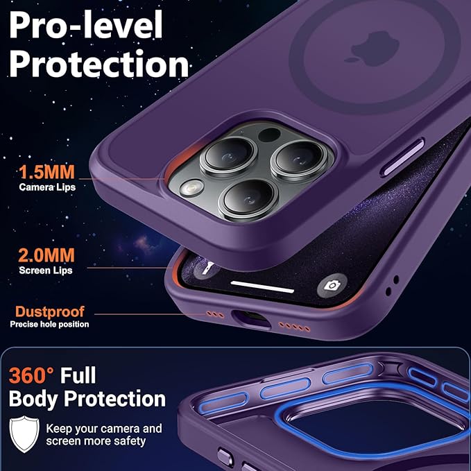 MOCCA Strong Magnetic for iPhone 15 Pro Case, [Compatible with Magsafe][13FT Military Drop Protection] Slim Translucent Matte Shockproof Case for iPhone 15 Pro Phone Case 6.1'', Deep Purple