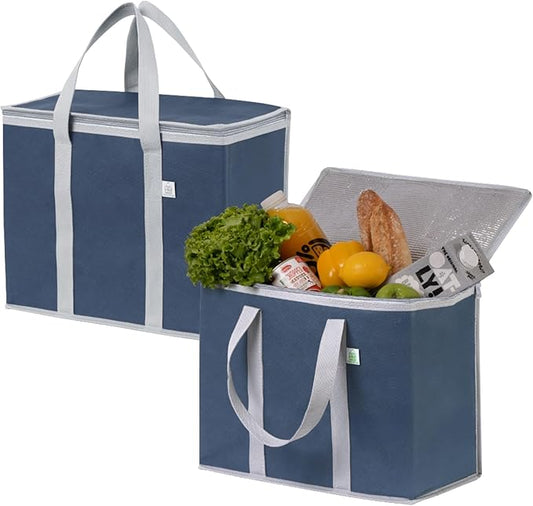 VENO 2 Pack Cooler Bag and Insulated Grocery Bags for Food Delivery, Collapsible Cooler, Reusable Shopping Bags for Groceries with Zipper, Foldable, Heavy-Duty, Stands Upright (Dark Blue, 2 Pack)