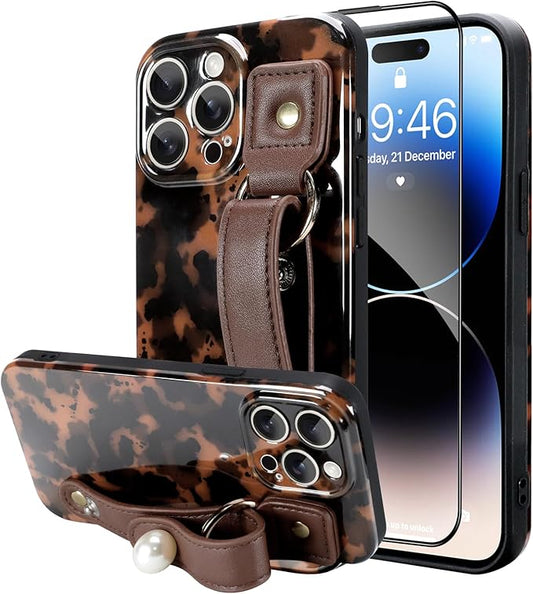 Phone Case for iPhone 14 Pro Max Case with Strap Lightweight Tortoiseshell TPU Slim Phone Cover for Women Girls Grily Brown Shockproof Phone Cover for iPhone 14 Pro Max, Tortoise Print