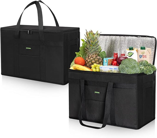 JUNGYOON 2-Pack Heavy-Duty Insulated Grocery Bags & Picnic Basket – Collapsible Cooler Bag with Zippered Top | Reusable Shopping Bags for Groceries, Picnics, Easy Storage(XXL Black)