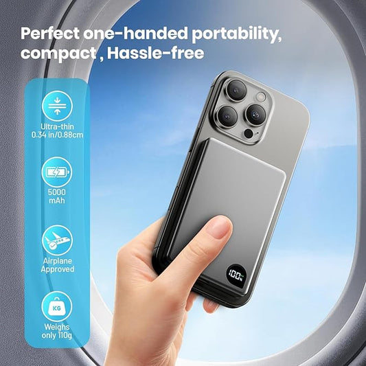 Power Bank,0.3" Ultra Slim 5000mAh Magnetic Wireless Portable Charger,with USB-C Cable Digital Display,Metal Fast Charger Battery Pack for iPhone 16/15/14/13/12 Series, Samsung Android(Silver)