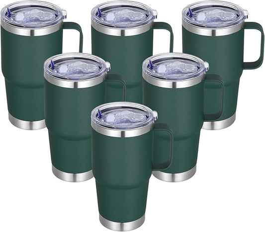 20 oz Stainless Steel Tumbler with Handle Bulk Metal Insulated Tumblers Travel Coffee Mug with Handle Double Wall Tumbler Cup with Lid and Straw, Dark Green 6 Pack