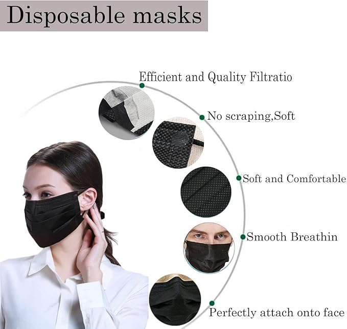 Wecolor Disposable 3 Ply Earloop Face Masks, Suitable for Home, School, Office and Outdoors (Black)