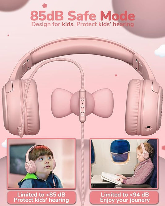 Kids Headphones with Microphone Foldable Stereo Tangle-Free 3.5mm Jack Wired Cord On-Ear Headset for Children/Teens/Boys/Girls/Smartphones/School/Kindle/Airplane Travel/Plane/Tablet (Pink)