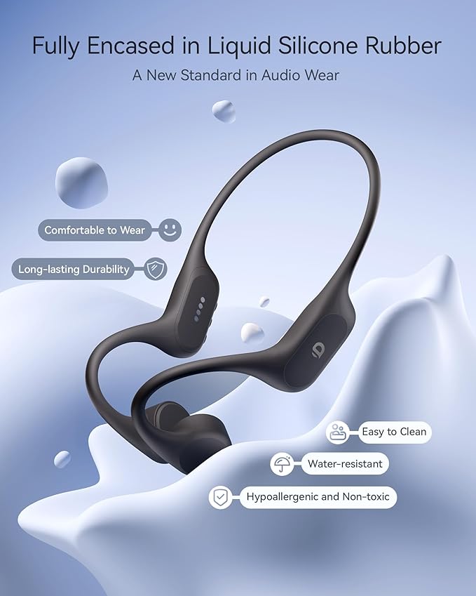 Open Ear Sport Headphones, Soft Silicone Wireless Bone Conduction Earphones, Powerful Bass, 10H Lasting, Multipoint Capable, Quick Charge, Built-in 32GB MP3