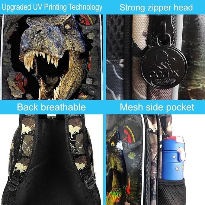 16" Boys Backpack, Dinosaur Kids Bookbag with Lunch Box, 3Pcs Dino School Backpacks for Elementary Preschool Kindergarten (Black)