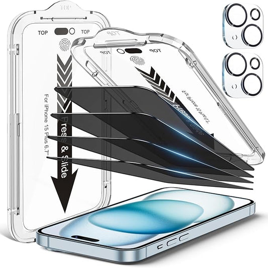 EZ-GLAZ-4 Pack iPhone 15 Plus Privacy Screen Protector(6.7'') With [2 Pcs Camera Lens Protector], Anti-Spy, 9H Hardness, Drop-Resistant, Case Friendly, Anti-Scratch & EZ-To-Install Tempered Glass