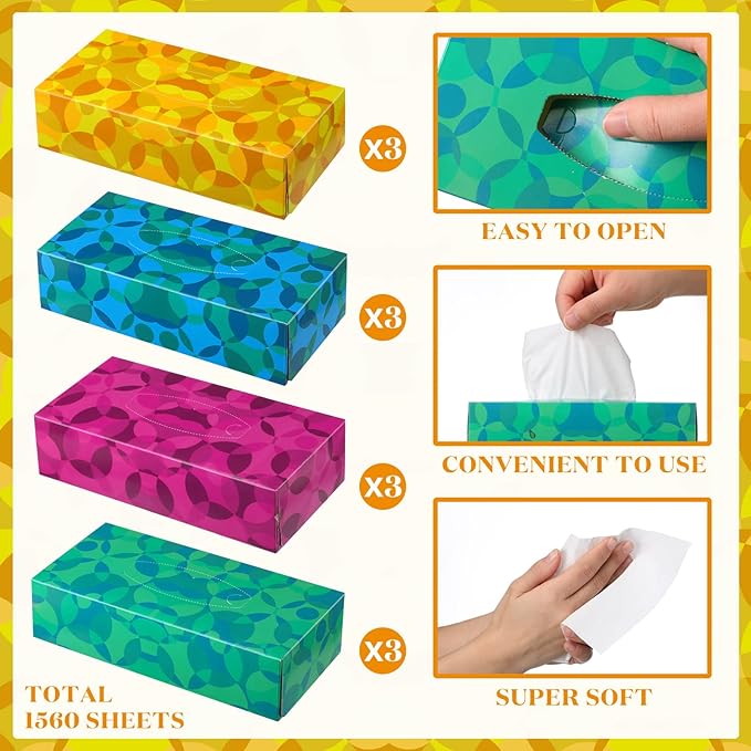 Yinder 12 Packs 1560 Sheets Soft Facial Tissues Box 2 Ply 130 Sheets Per Box Household Facial Tissues Bulk Fit for Bathroom Kitchen Office Car Home Use(Abstract Geometry)
