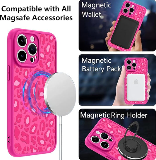 KANGHAR Case for iPhone 15 Pro Max Hot Pink Leopard Printed Pattern Cute Cheetah [Compatible with Magsafe] Protective Magnetic Case for Girls Women 6.7"