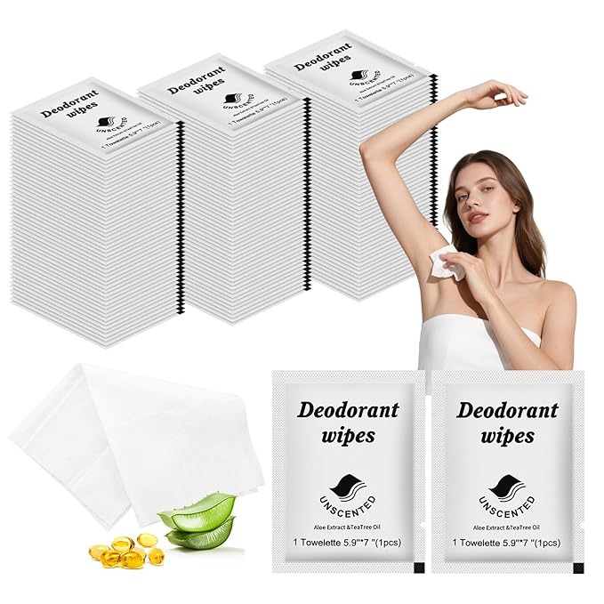 Travel Deodorant Wipes Individually Wrapped,Body Wipes to Clean Skin for Women Men（Unscented,pack of 50)