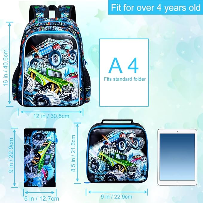CCJPX 16" Truck Backpack for Boys, 3PCS Cars Kids Water Resistant Preschool Bookbags, Cool Kindergarten School Backpacks and Lunch Box