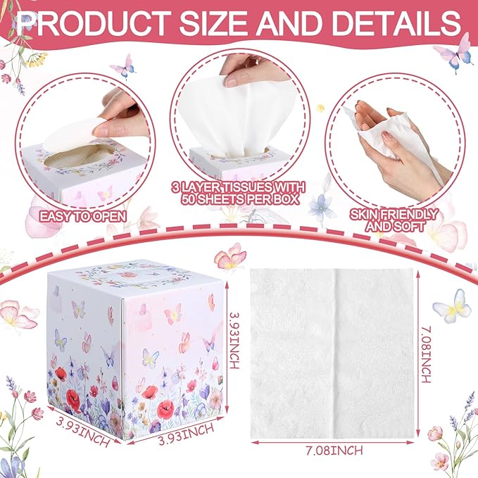 12 Pack Summer Floral Butterfly Facial Tissues Cube Boxes 600 Sheets 3 Ply Small Flower Face Tissues Bulk for Summer Car Bedroom Supplies