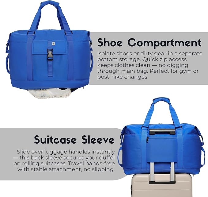 SUNNY BIRD Duffel with Utility Pouch, 40L Weekender Overnight Bag with Shoe Compartment for Travel and Sports (Blue)