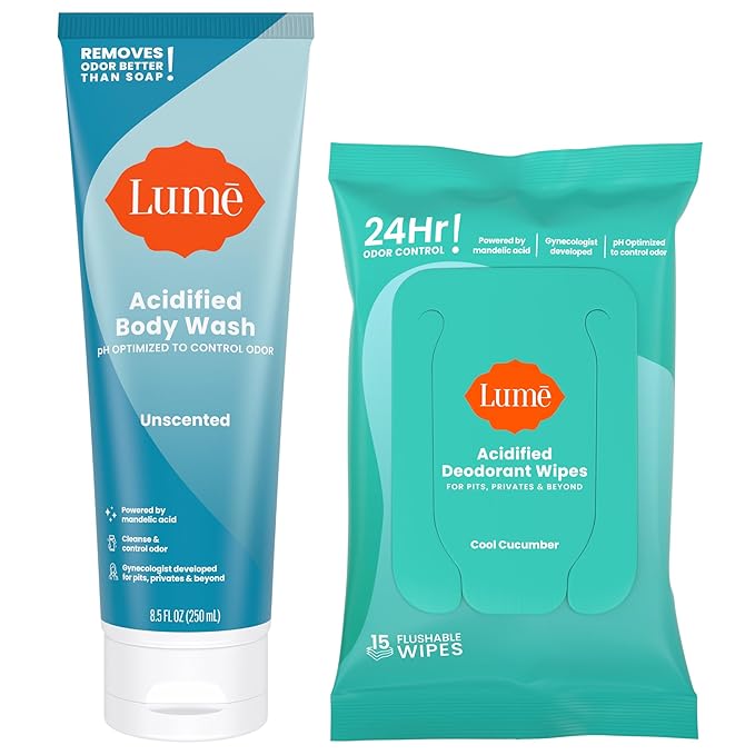 Lume Acidified Body Wash & Flushable Deodorant Wipes - 24 Hour Odor Control - Hydrating Wash - Without SLS or Parabens - OB/GYN Developed - 8.5 Ounce (Unscented) 15 Count Wipes (Cool Cucumber)