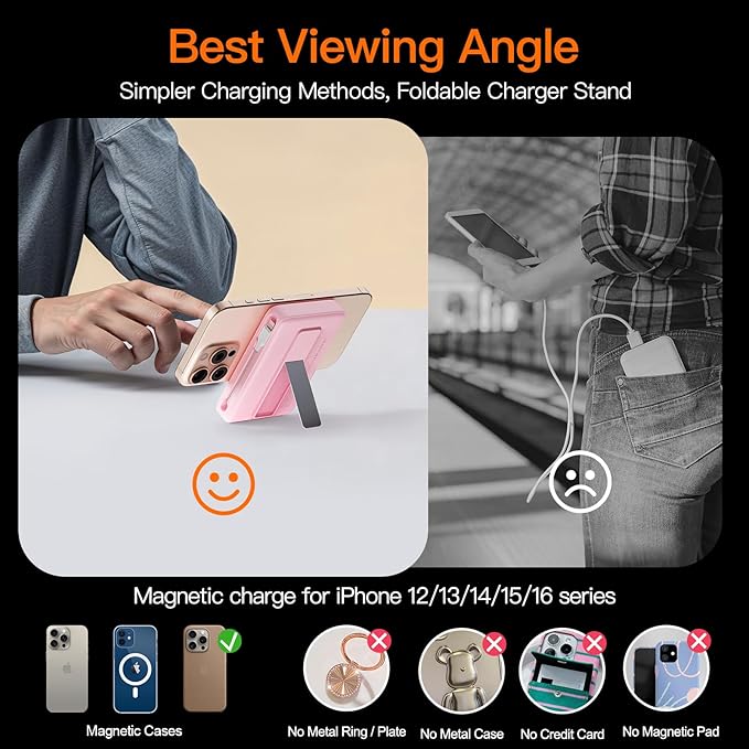 2025 Magnetic Battery Pack 16800mAh Mobile Power Bank, Portable Charger with Foldable Stand and Built-in Cable, 20W USB-C Fast Charging, Suitable for iPhone 17/16/15/14/13/12 Series