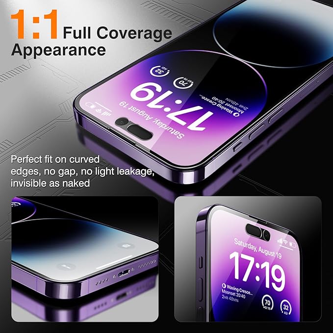 EZ-GLAZ-4+2 Pack for iPhone 14 Pro Max Privacy Screen Protector[6.7 inches] With Camera Lens Protector, [Drop Protection] 9H Hardness Full Coverage Anti-Spy Tempered Glass Film, Easy to install