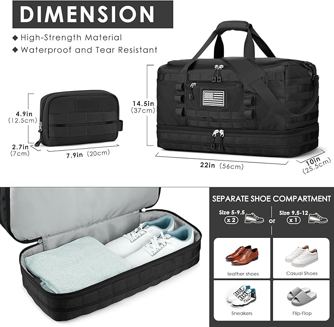 ETRONIK Travel Bag for Men Women, Gym Bag & Tactical Duffle Bags for Travel, Carry on with Toiletry Bag and Shoe Compartment, Weekender Overnight Trip with Wet Pocket for Workout Medical, Black