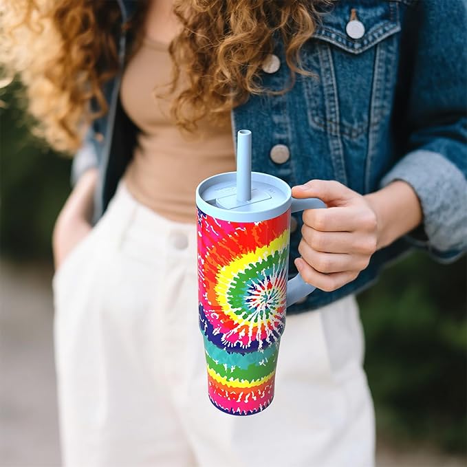 TILUCK 30 oz Tumbler with Handle, Vacuum Insulated Stainless Steel Travel Mug with 100% Leak-Proof Silicone Straw Lid, Cupholder Friendly Water Bottle(RotatingRainbow, 30oz)