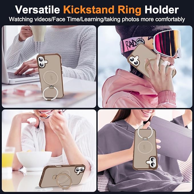 Compatible with iPhone 16 Plus Case with Invisible Magnetic O-Ring Stand Military-Grade Translucent Case for iPhone 16 Plus 6.7" [Compatible with Mag-Safe][Great Grip Feeling],Desert Brown