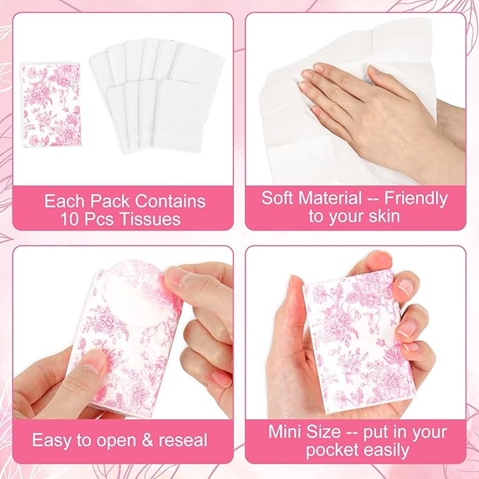 50 Bulk Pink Floral Tissue Packs Vintage Flower Mini Travel Size Facial Tissues Chinoiserie Flower Portable Pocket Tissue for Wedding Party Supplies