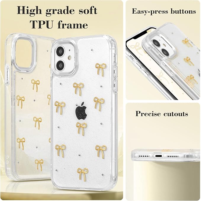 EYZUTAK Case for iPhone 11, Bling Glitter 3D Bowknot Phone Case Cute Sparkly Crystal Clear Bow Aesthetic Design Case Slim Soft Durable TPU Transparent Protective Cover for Women Girls - Gold Bow