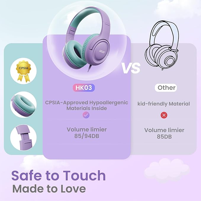 Kids Headphones with Cord for School - Over-Ear 85/94dB Volume Limiter, 3.5mm Jack Foldable Stereo Sound Headset for Toddlers Girls Boy Travel Learning Entertainment Tablet Kindle iPad PC Purple Green