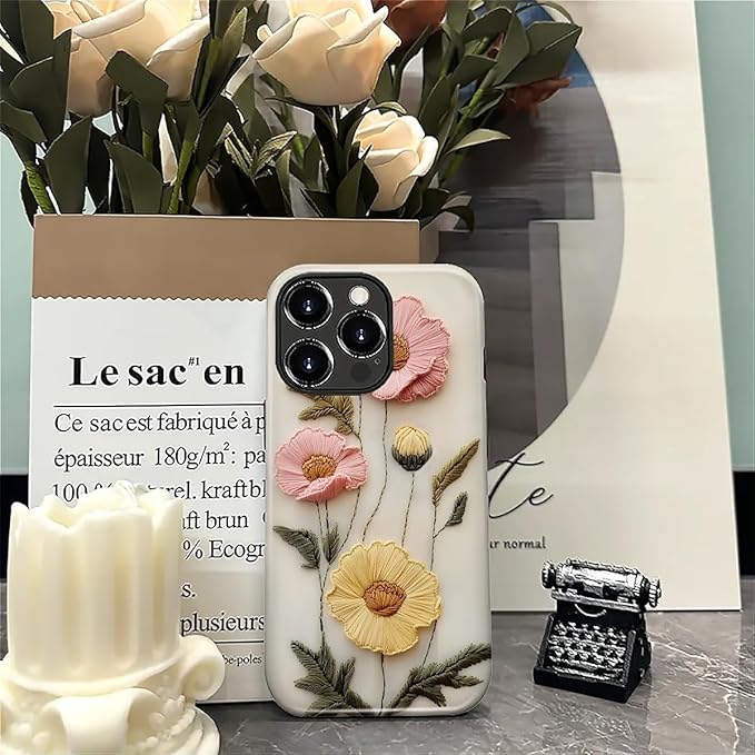 Case for iPhone 16 Pro Case,Faux Embroidery Boho Floral Design - Hybrid Dual Protection Silicone + Hard PC Shockproof Full Body Cover Slim Anti-Scratch Protective Case for Men Women