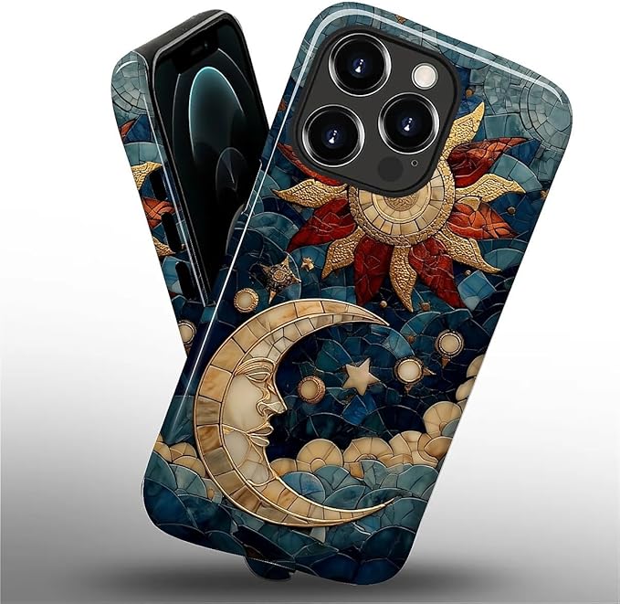 Case for iPhone 12 12 Pro Case,Sun Moon Stars Faux Stained Glass Design Hybrid Dual Protection Silicone + Hard PC Shockproof Full Body Cover,Slim Anti-Scratch Protective for Men Women