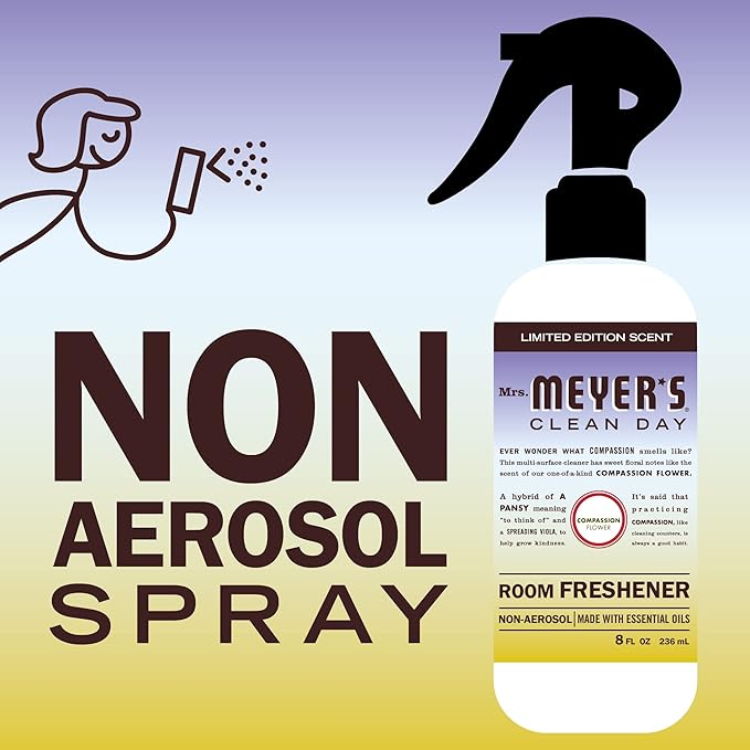 MRS. MEYER'S CLEAN DAY Room and Air Freshener Spray, Non-Aerosol Spray Bottle Infused with Essential Oils, Compassion Flower, 8 fl. oz - Pack of 3
