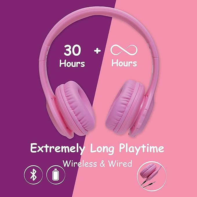 PowerLocus PLED Kids Bluetooth Headphones, Kids Wireless Headphones with LED Lights, 74/85/94dB Safe Volume, Micro SD, AUX Cable, Hi-Fi Stereo, Built-in Mic Over Ear Kid Headphone for Travel/Tablet/PC