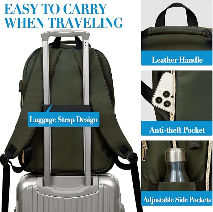 Travel Laptop Backpack, School Backpack for Teen Girls Boys,15.6 Inch Large Quilted College Bookbag for Women Men with USB Charging Port, Army Green