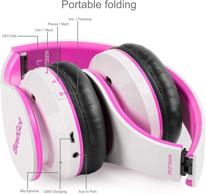 Kids Headphones Bluetooth, BT6002 Wireless Headphones for Kids Child Volume Limited 85/110dB for School Foldable Headset for 60 Hours PC/Phone/Tablets/TV (White/Pink)