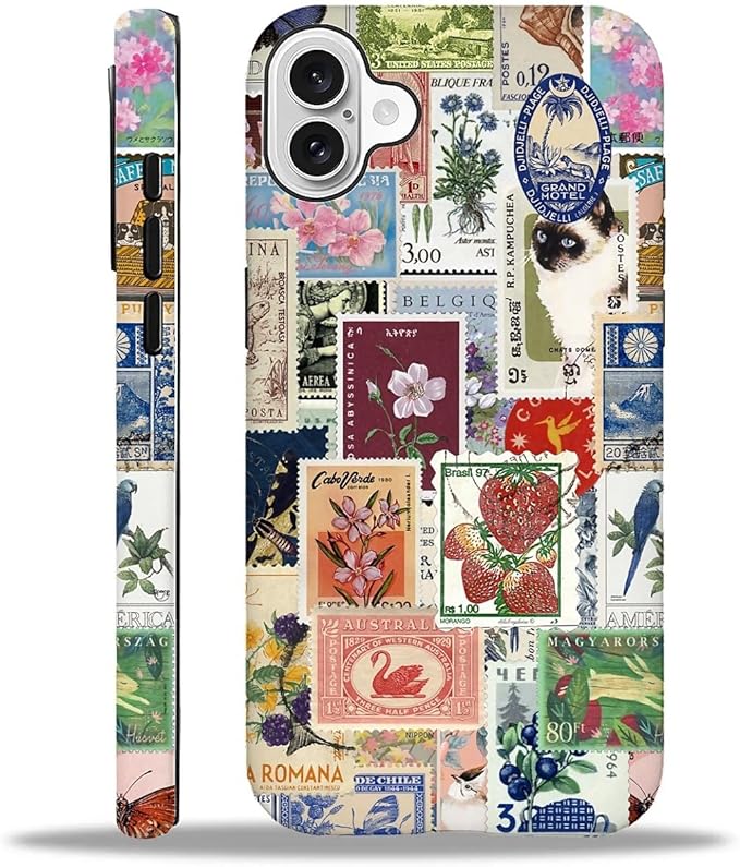 Case for iPhone 16,Vintage Stamp Collage for Woman Men Full Body Protective Cover Shockproof 2 in 1 Silicone + Hard PC Case for iPhone 16