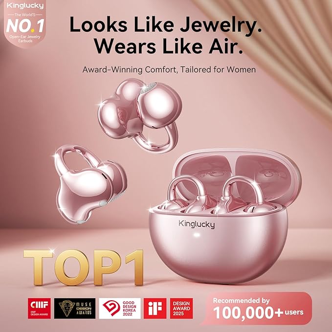 Kinglucky Jewelry-Inspired Clip-On Earbuds with Butterfly Earrings, Comfortable Fit & 50H Playtime Open Ear Bluetooth 5.4 Wireless Headphones for Women Gifts, Small Ears, Sports & Workouts (Rose Gold)