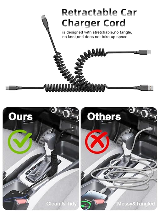 Car Carplay Cable 3ft Coiled USB A to USB C Fast Charge Cord for iPhone 16/15/Plus/Pro Max/MacBook Pro, Auto Coiled Retractable iPhone Car Cord