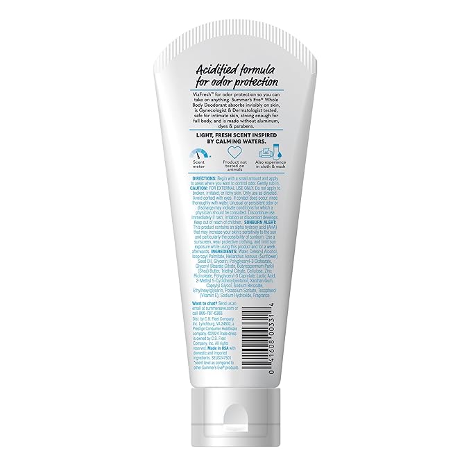 Summer's Eve Fresh Scent Whole Body Deodorant for Women, Aluminum-Free Ultimate Odor Control Cream, 3 Oz