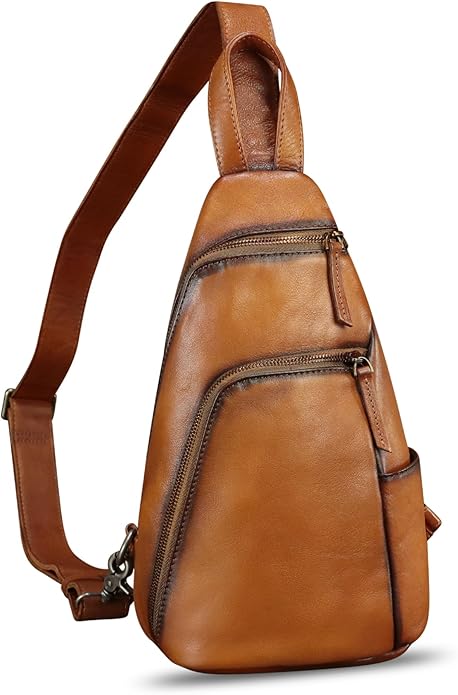 Genuine Leather Silng Bag for Men and Women Vintage Leather Sling Backpack Purse Shoulder Crossbody Bag Chest Bag
