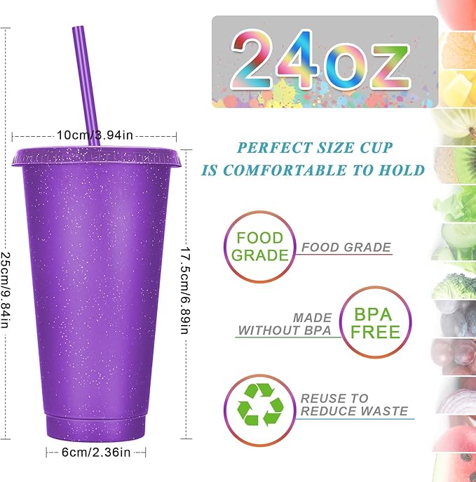 Honeydak 100 Pack Tumbler with Straw and Lid Bulk Glitter Plastic Cups Water Bottle Iced Coffee Travel Mug Reusable Party Favor Cups for Birthdays travel 24-27 oz (Vintage Color)