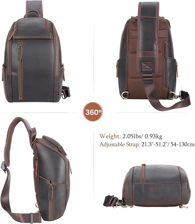 TIDING Genuine Leather Sling Bag Chest Pack for Men Casual Travel Shoulder Bag Sling Backpack fits 9.7" Tablet