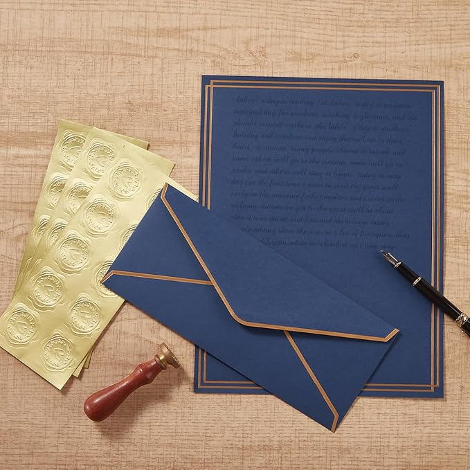 50 Pack Stationery Set with Gold Border, #10 Business Envelopes and 8.5x11 Paper Sheets and Stickers for Writing Letters (Navy Blue, 8.5x11 Inches)