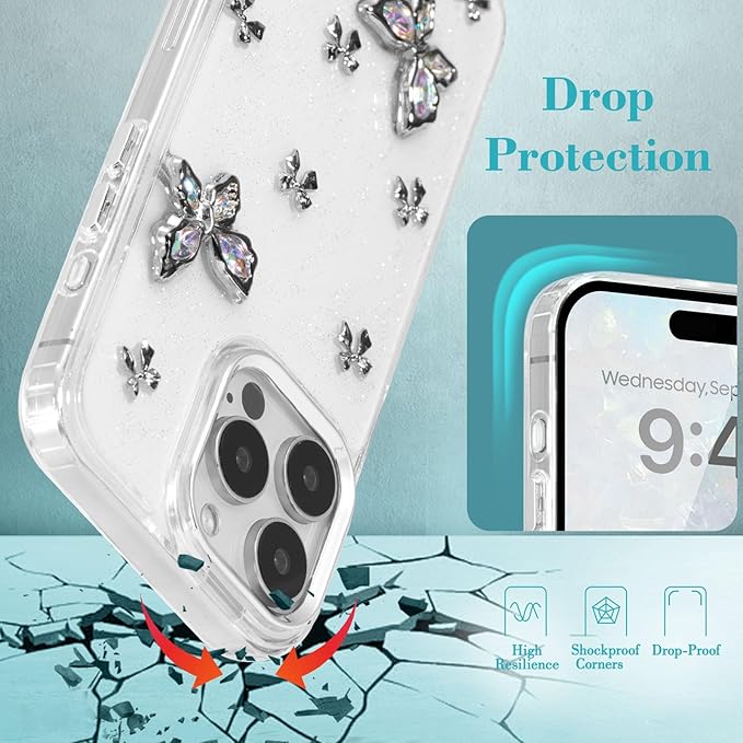 EYZUTAK Case for iPhone 15 Pro, Bling Glitter 3D Butterflies Bowknot Phone Case Cute Crystal Clear Bow Aesthetic Case Slim Soft Durable TPU Transparent Protective Cover for Women Girls - Butterfly