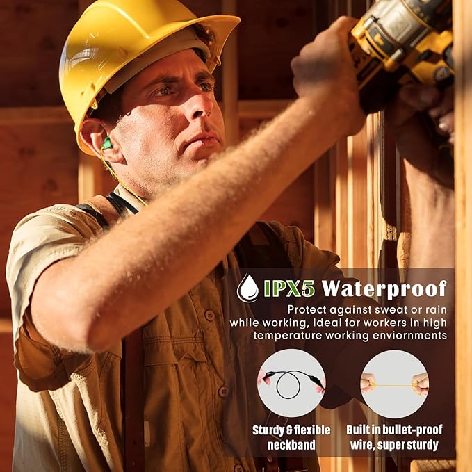 MIPEACE Bluetooth Earplug Headphones, Neckband Wireless Earbuds earplugs-29db Noise Reduction isolating in-Ear earplug Earphones and Controls,IPX5 sweatproof,19+Hour Battery(Yellow & Green)