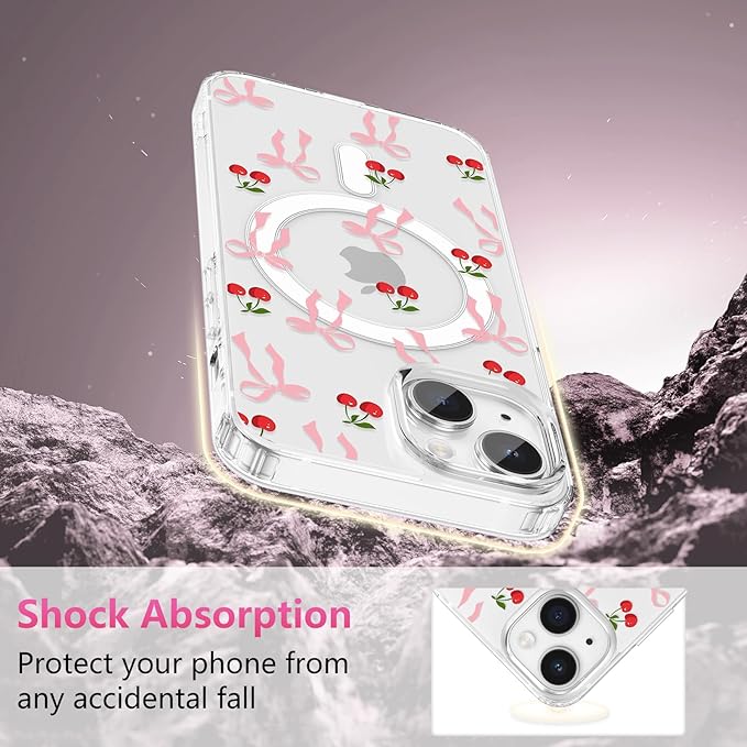 ZTOFERA for iPhone 15 Magnetic Case Clear,Cute Love Heart Ribbon Bow Tie Aesthetic Phone Case,Transparent Trendy Slim Soft Shockproof Protective Phone Cover for Women Girls,Peach Pink
