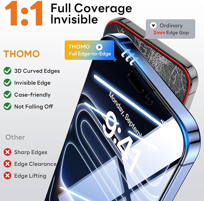 Thomo Privacy Screen Protector for iPhone 17 Pro 2 Pack, [25° Anti Spy] [Top 9H Tempered Glass] [15FT Military Grade Shatterproof] Full Edge Coverage, Bubble Free, Easy Install Case Friendly