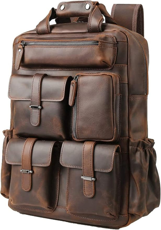 Masa Kawa Leather Backpack for Men Vintage 15.6 Inch Laptop Bag Multi Pockets Casual Travel Daypack Brown