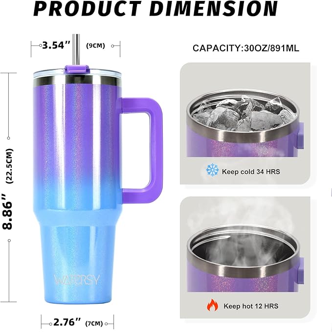 30 oz Shiny Tumbler with Handle and Straw,Stainless Steel Tumbler with Lid and Straw,Insulated Travel Mug(Cold for 34 Hours),Water Bottle for Iced Tea,Coffee (Purple)