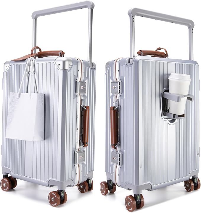 feilario 24in Aluminum Frame Wide Handle Hard Shell Carry On Suitcase - Vivid Colors Double Spinner Wheels Airline Approved Rolling Luggage with TSA Lock & Cup Holder (Silver, 24in)