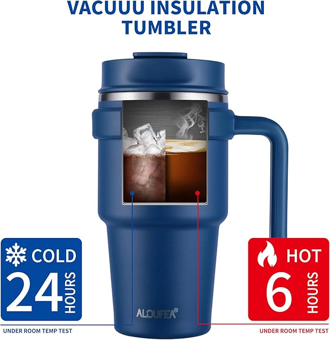 ALOUFEA 20 oz Insulated Coffee Mug Tumbler with Handle, Stainless Steel Travel Mug Tumbler with Lid and Straw,Double Wall Vacuum Leak Proof Ice Coffee Thermal Cup, Navy/Dark Rainbow