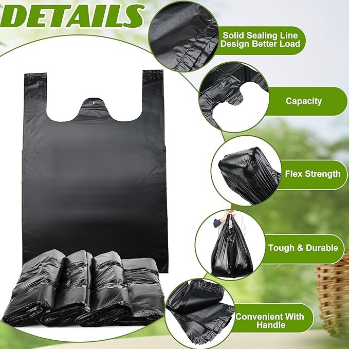 Kisston 400 Count Jumbo Size Plastic T Shirt Bags with Handles, 35 Mic, XX Large Plain Plastic T Shirt Grocery Bags, Thick and Heavy Duty (Black,32" x 19")