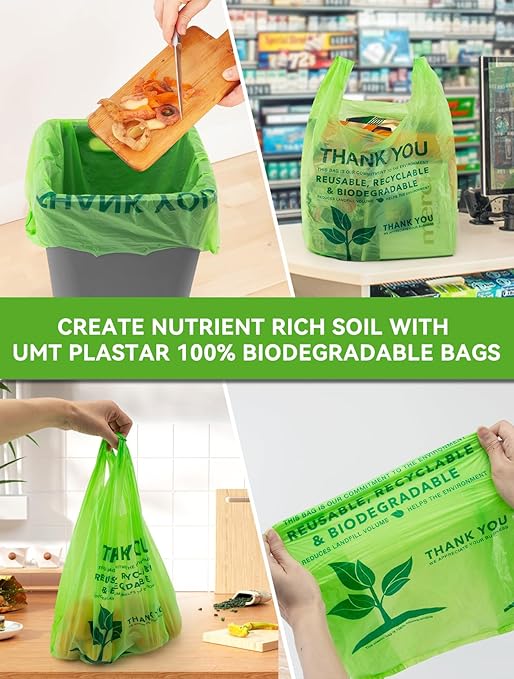 500 Count Recyclable Compostable 100% Biodegradable T-Shirt Bags, Eco-Friendly Grocery Shopping Bags, 11.5" x 6.25" x 21", 16 Mic